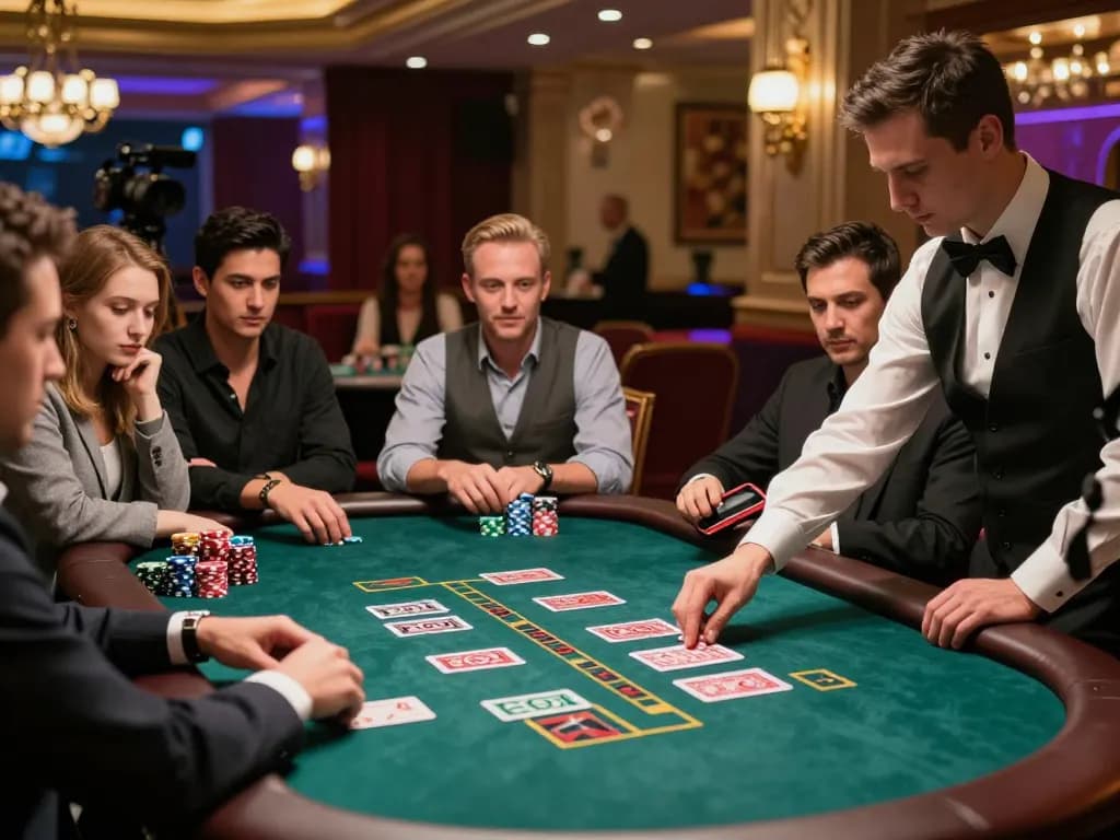Players at a blackjack game in the hit club casino, focused on winning strategies with stacked chips.
