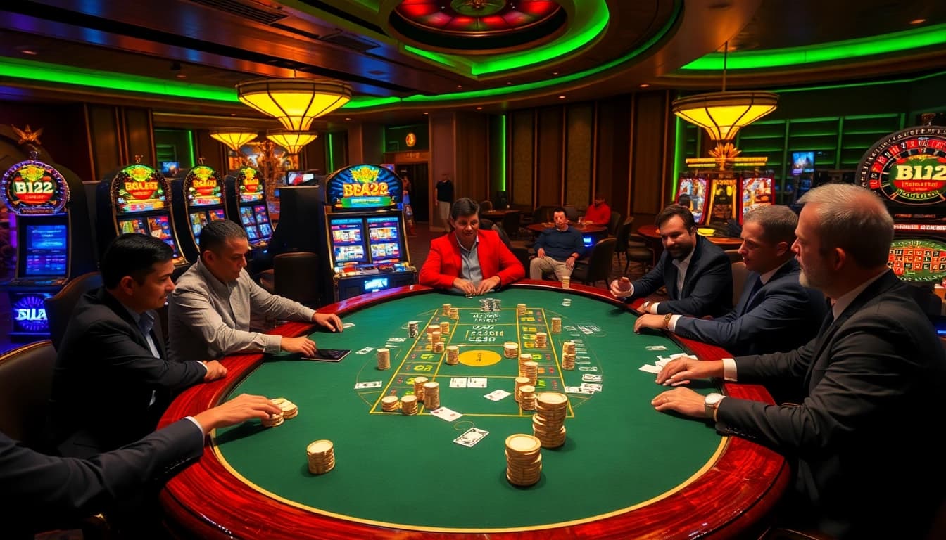 B52 gaming table in vibrant casino filled with poker excitement, chips, and players.