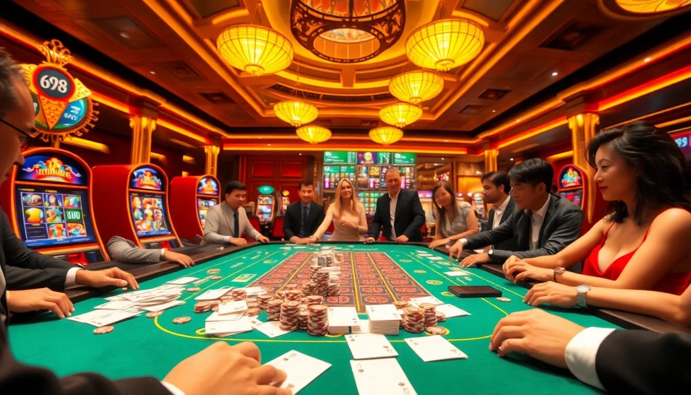 Experience the thrill of TG 88 online gambling with vibrant casino tables and excitement in the air.