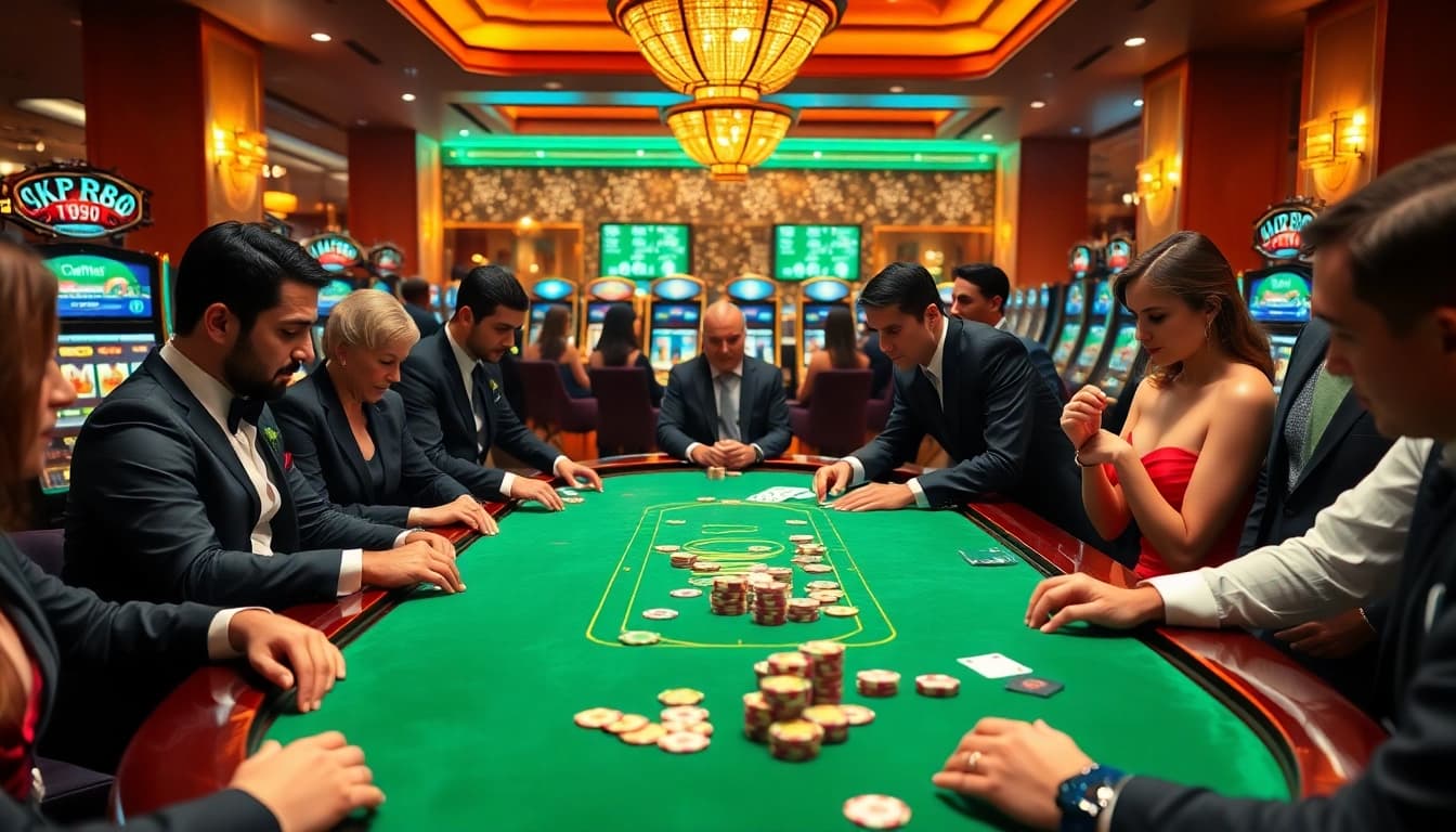 Excited players at a KP88 poker table strategizing amidst vibrant casino lights.
