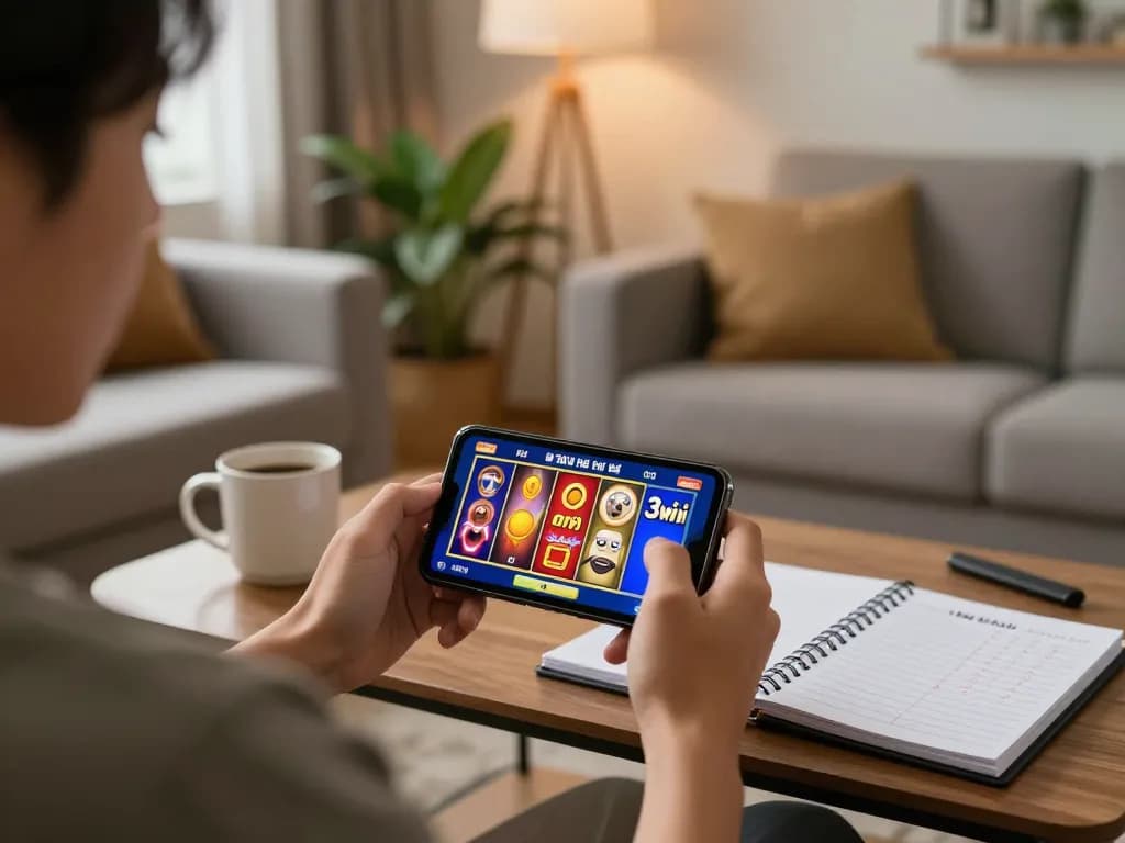 Player enjoying 3win nổ hũ slot game on smartphone, highlighting dynamic gameplay and home comfort
