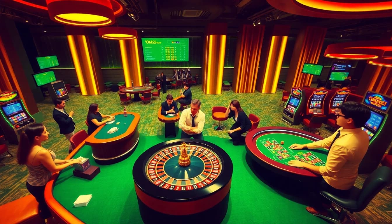 Exciting gambling scene at nhà cái OK365 with players engaged at a roulette wheel.