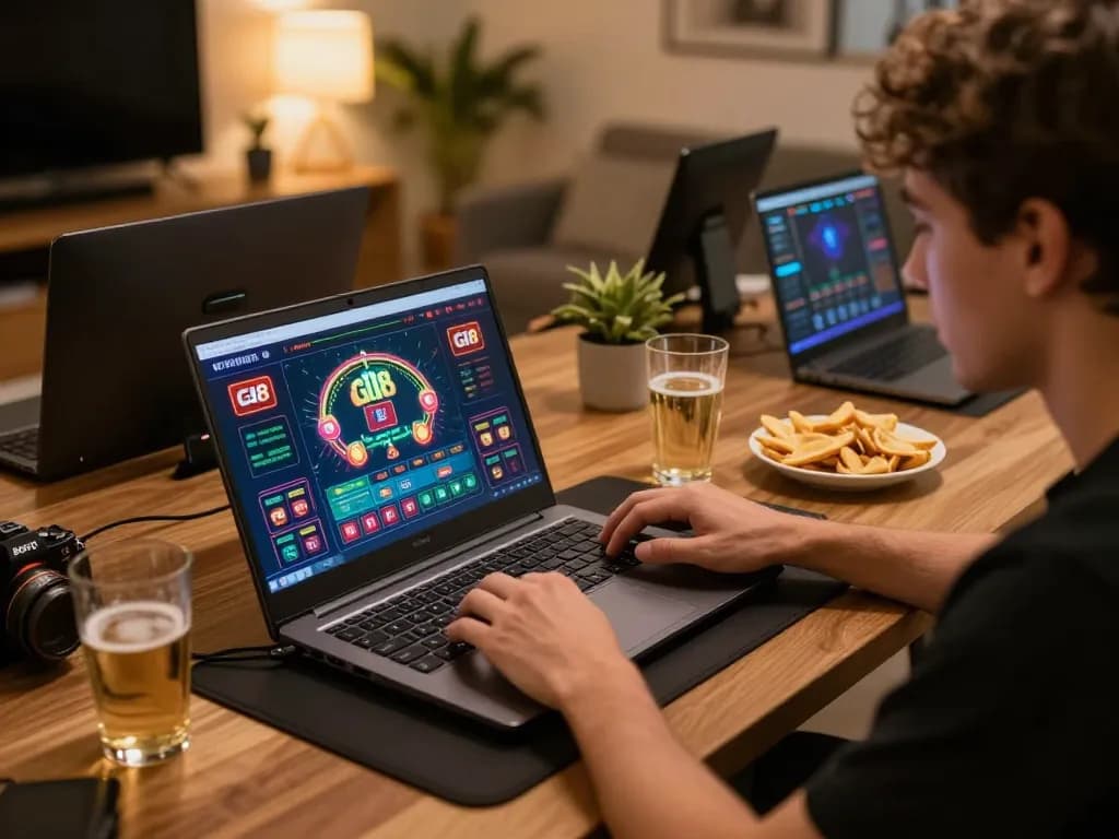 Player engaging with online casino experience at GI8, focusing on strategic gameplay in a stylish setup