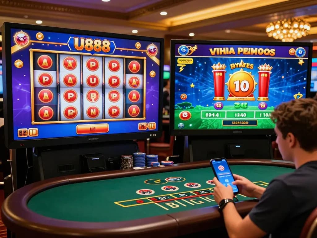 Players engaging with U888 online casino, showcasing dynamic gameplay and colorful visuals in a vibrant atmosphere.