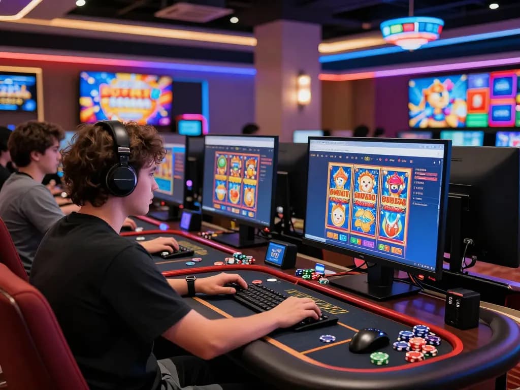 Player enjoying max89 online gaming experience with colorful slot games and vibrant environment.