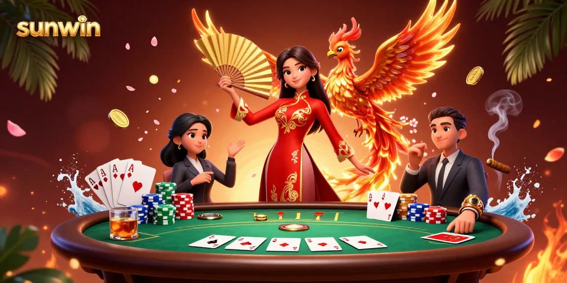 Experience thrilling gameplay at sunwin with poker and vibrant casino elements in this dynamic 3D illustration.