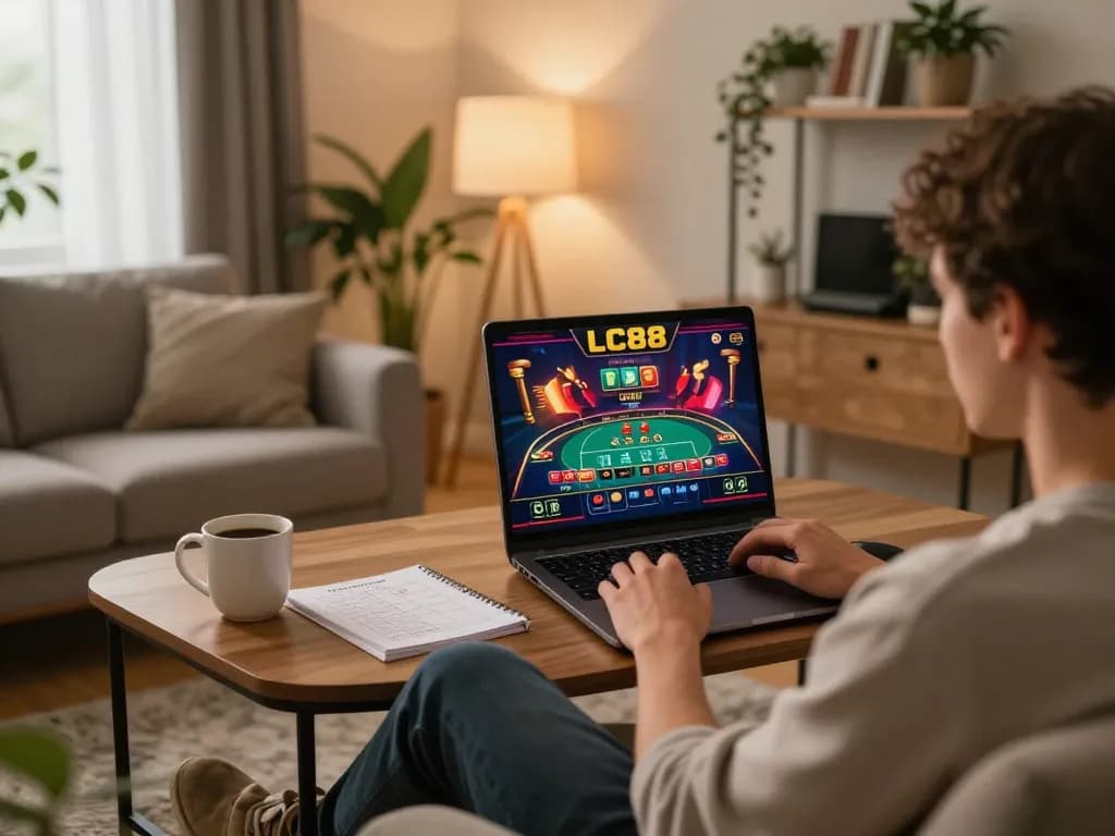 User engaging with LC88 online casino, enjoying a live dealer game in a cozy home setting.