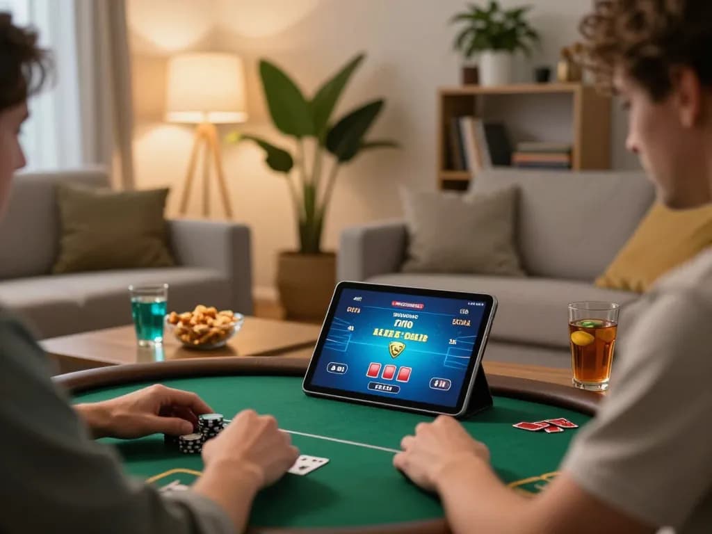 Player engaging in an online poker game on tablet, O8 HAIR offering advanced strategies for winning.