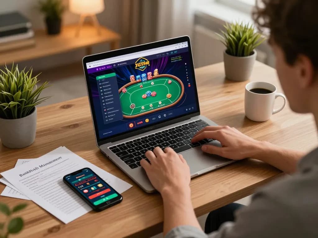 Person engaging in online poker gameplay at GK88 with strategic notes nearby, creating a focused gaming atmosphere.