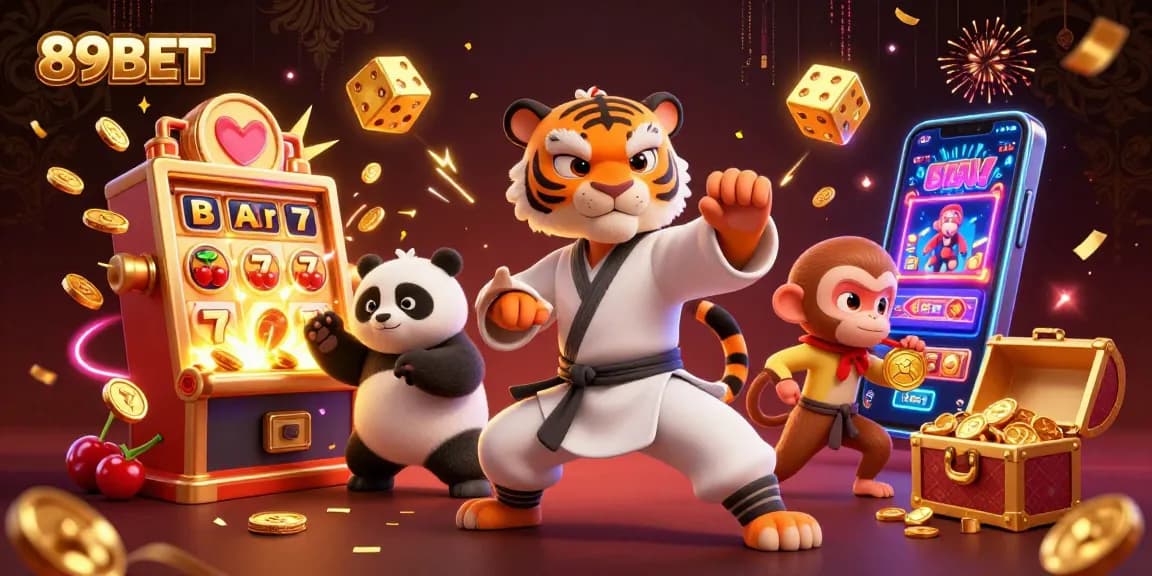 Win big at 89BET with a vibrant 3D casino scene featuring playful characters and exciting game elements.