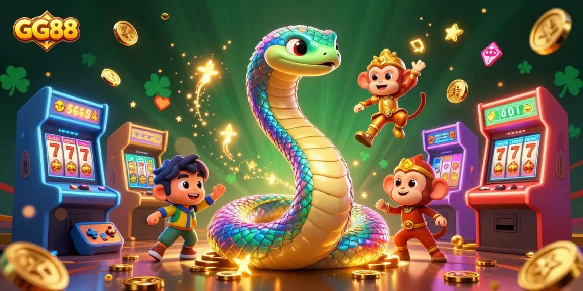 Experience exciting gameplay at GG88 with a vibrant scene showcasing a rainbow serpent and colorful casino elements.