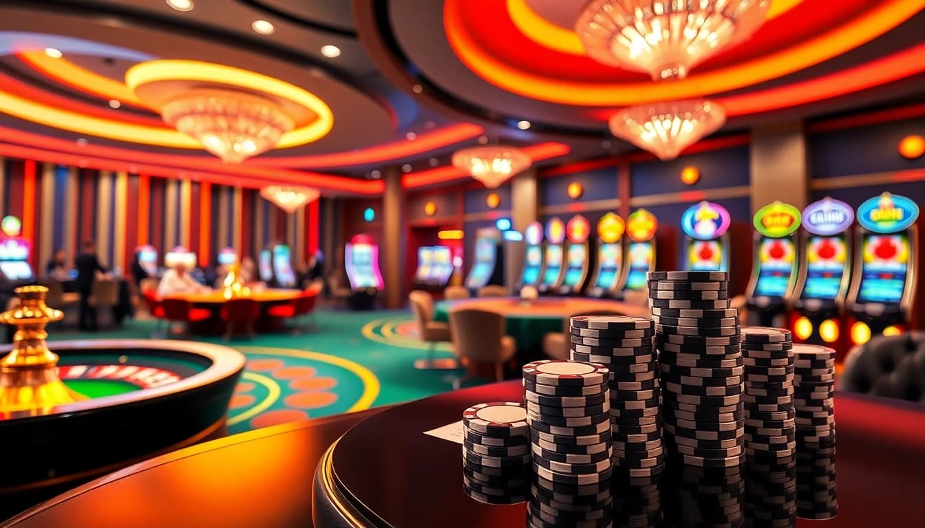Engage in thrilling gameplay at 8XX's modern casino, featuring roulette, poker tables, and vibrant slot machines.
