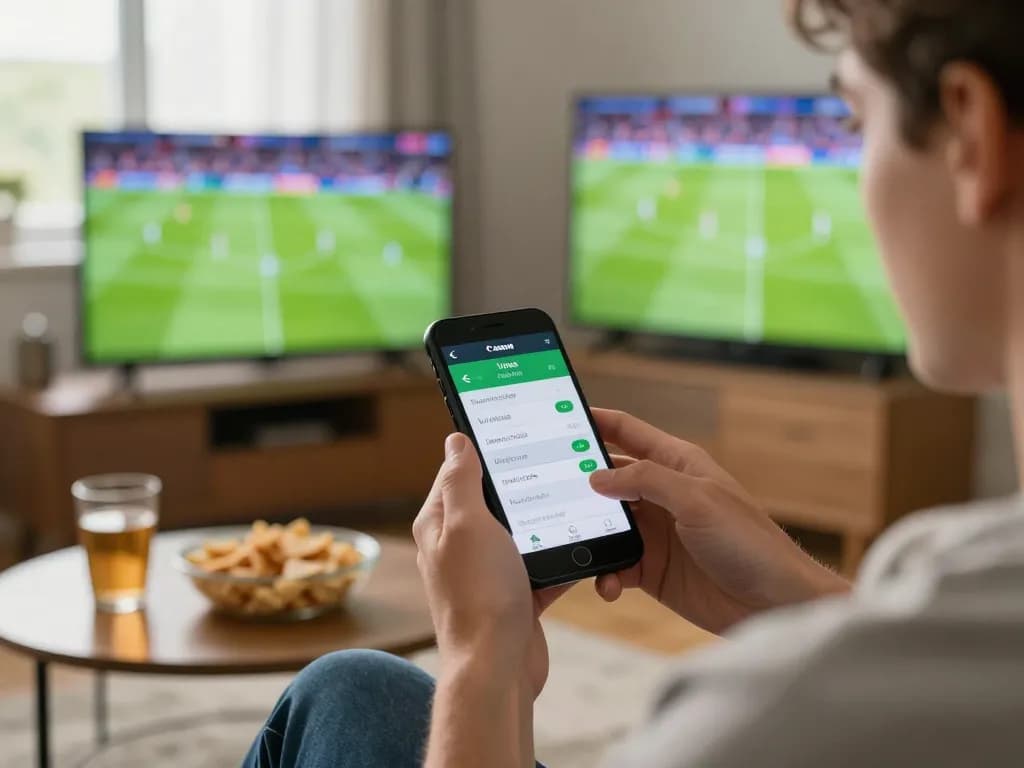 Engaging in sports betting on 789win mobile app while enjoying an exciting football match at home