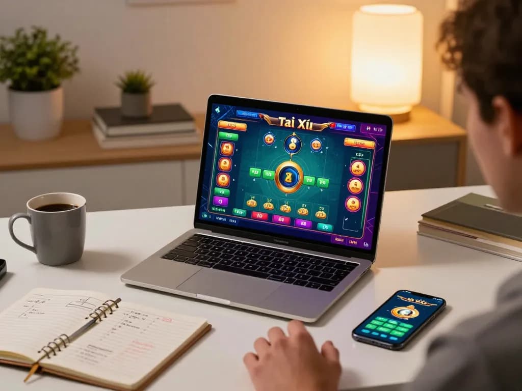 Tài xỉu online gameplay on a laptop with strategy notes visible, showcasing a modern gaming setup.