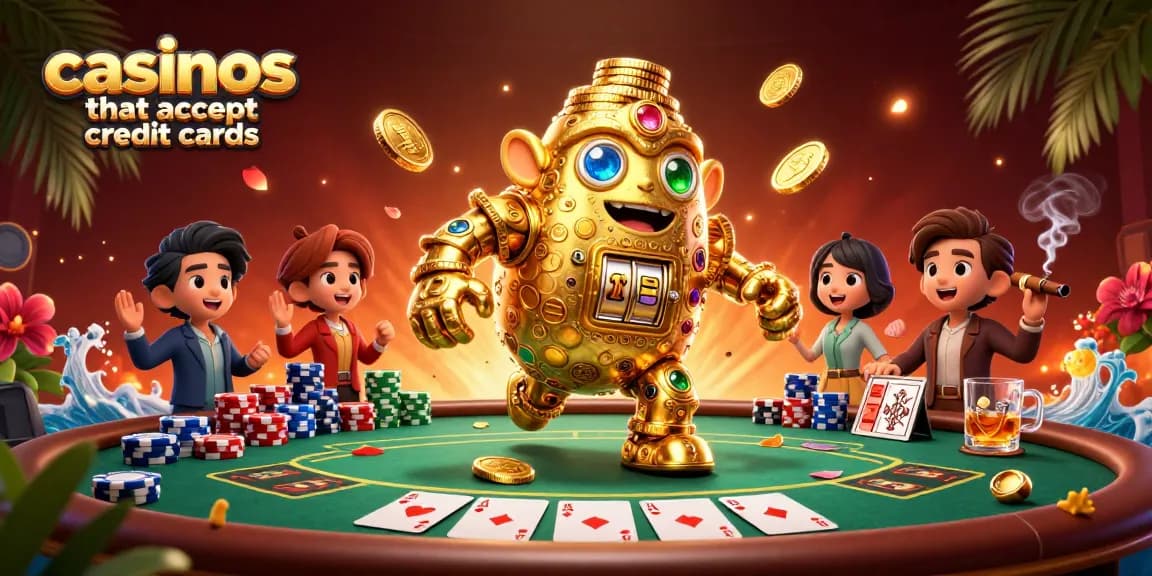 Engage with casinos that accept credit cards in this vibrant gaming scene featuring poker tables and gold golems.
