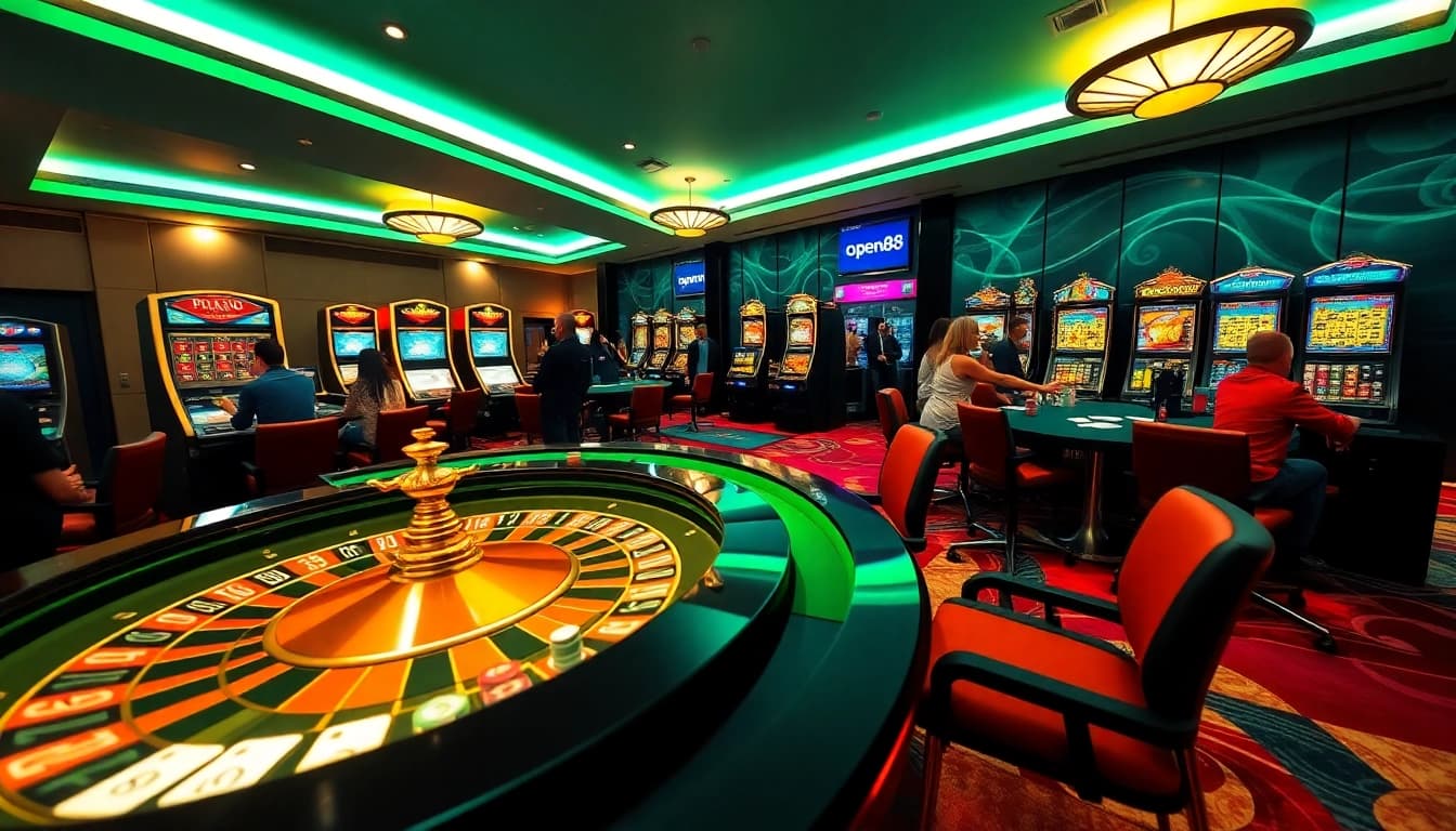 Players enjoying premium games at open88.mobi casino, featuring exciting slot machines and poker tables.