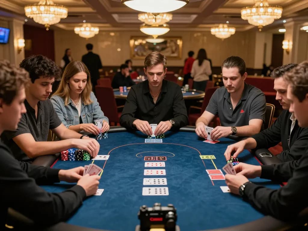 Intense poker game at Au88 featuring players strategizing their bets with visible chips and cards, showcasing ethical gaming.