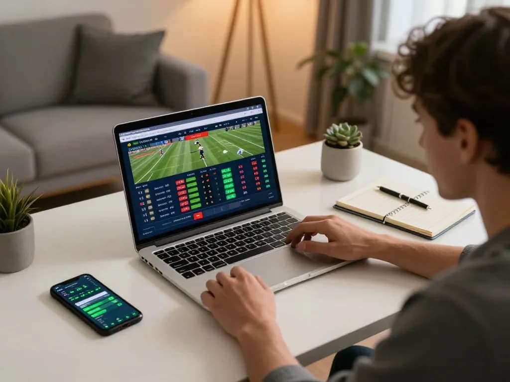 Kết quả bóng đá displayed on a laptop in a modern home office setting while reviewing betting strategies.