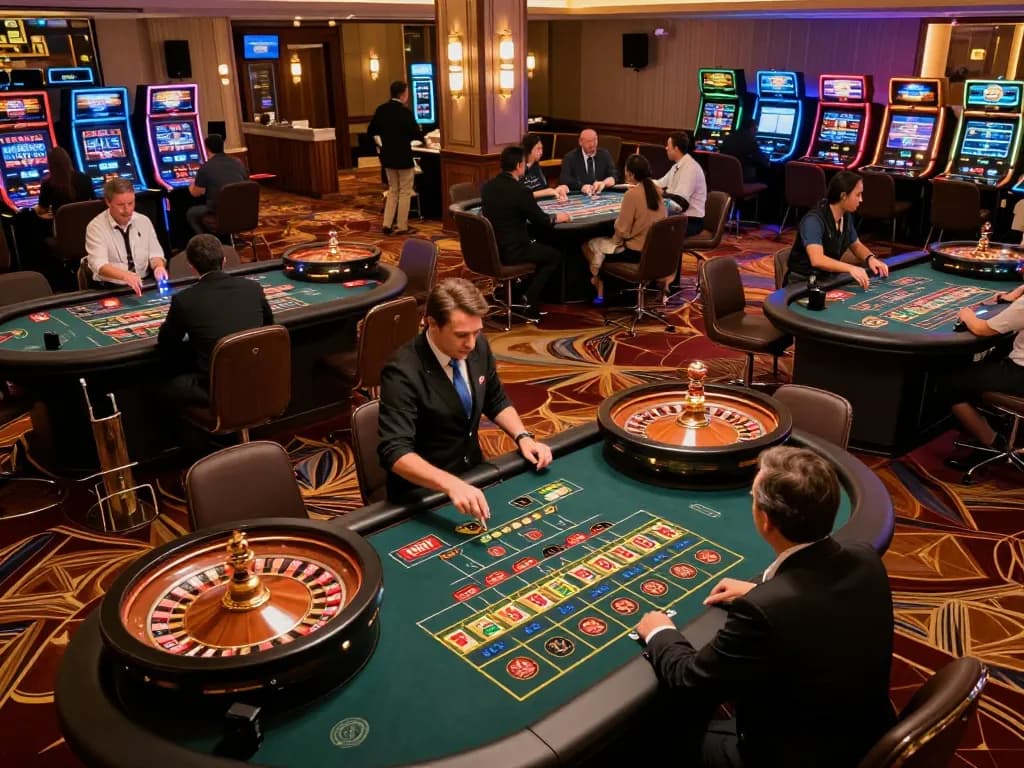Players placing bets at ONE88 roulette tables in a lively casino atmosphere.