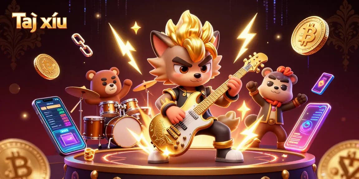 Engage in Tài xỉu thrills with a dynamic casino scene featuring cartoon rock star and drummer.