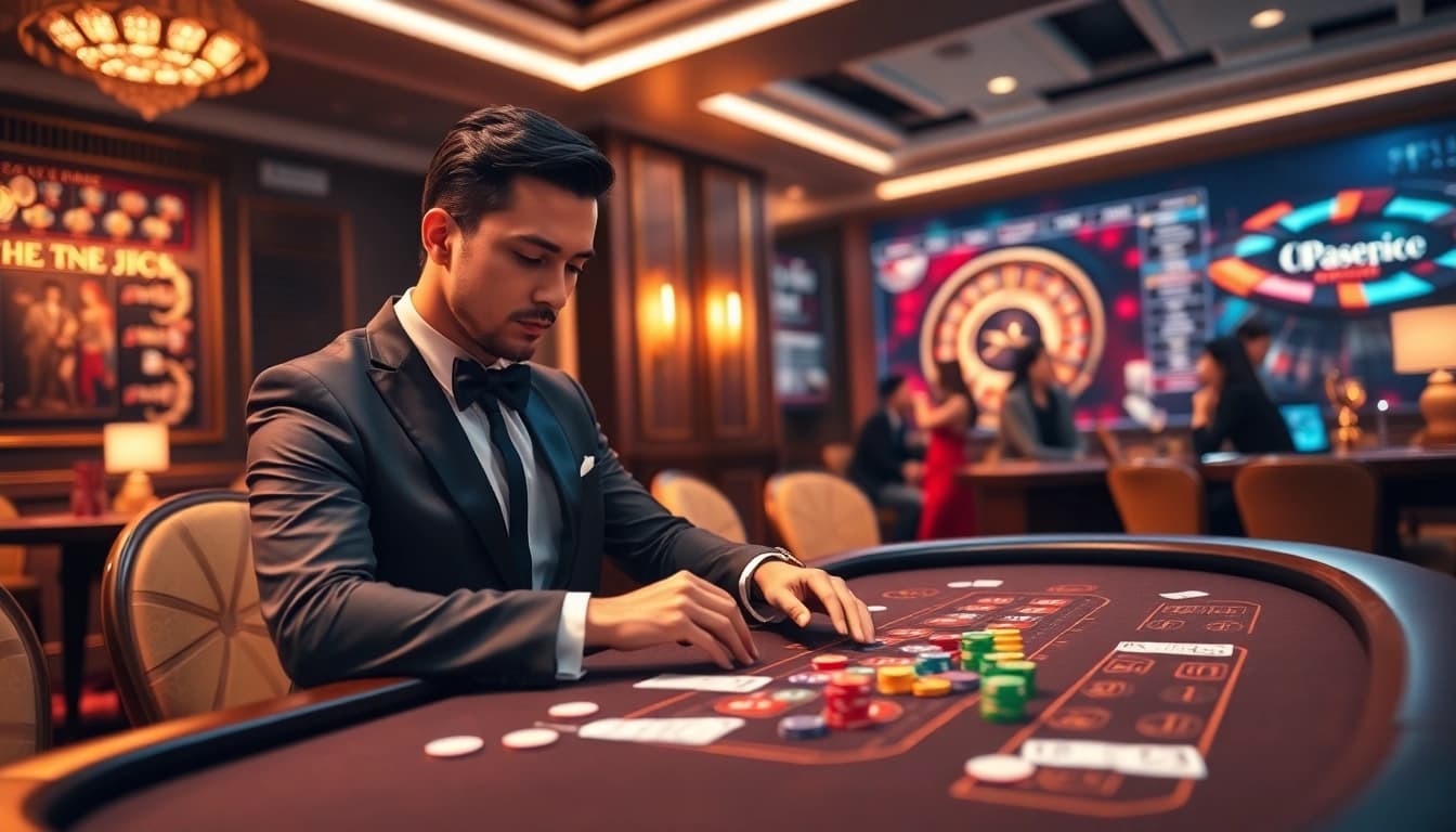 Engaging in Đánh Lô Đề Online with vibrant casino ambiance and betting actions.