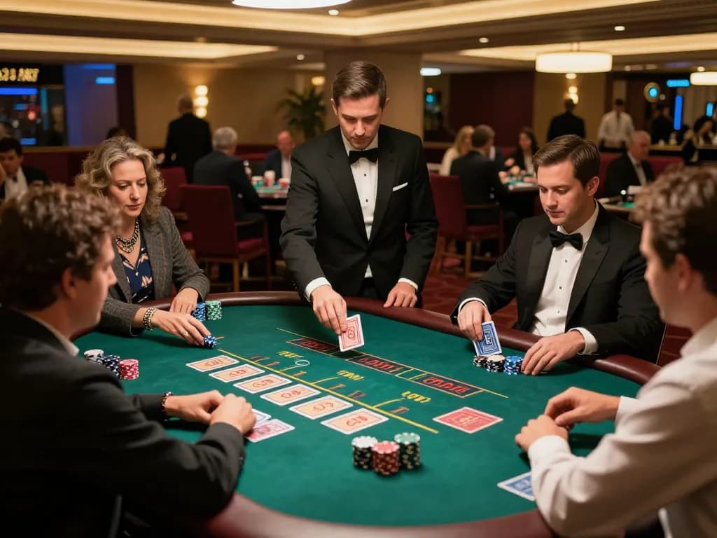 Baccarat players engaged at an upscale casino table, showcasing strategic gameplay with lc88 elements.