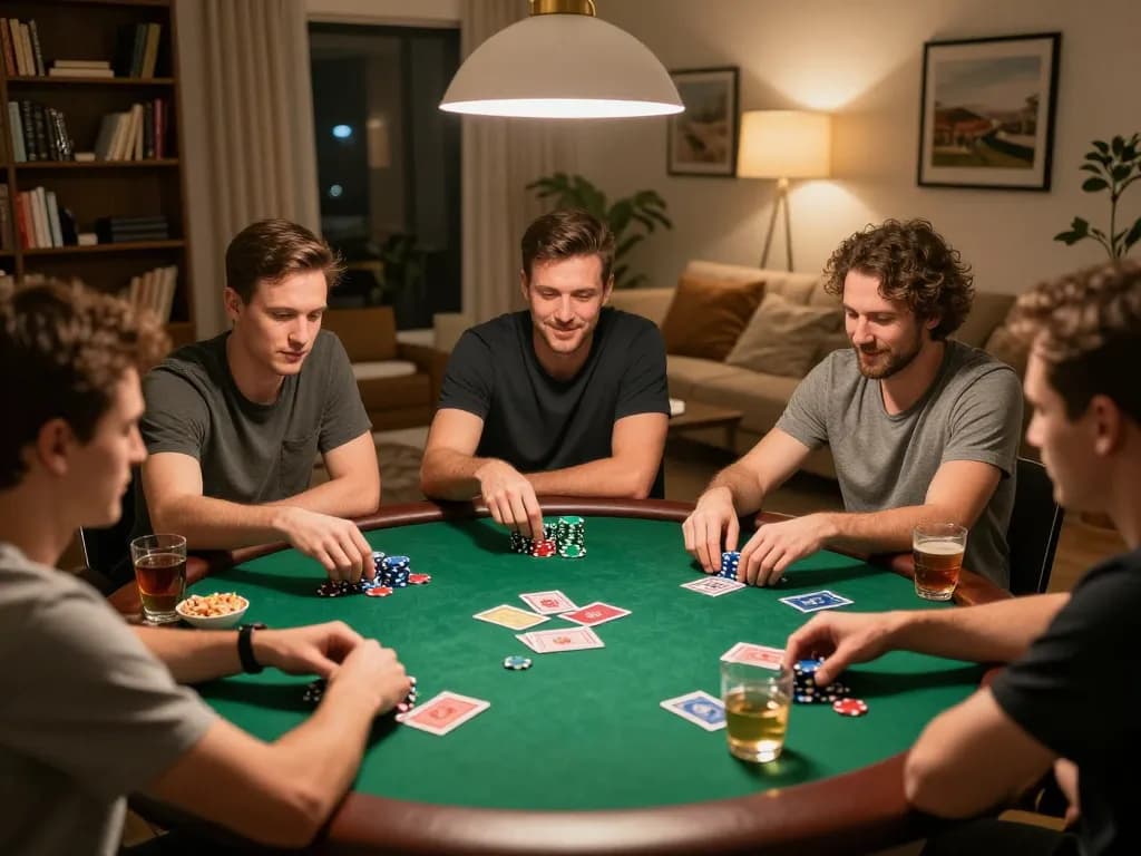X88 home poker night with friends enjoying Texas Hold'em, poker chips visible.