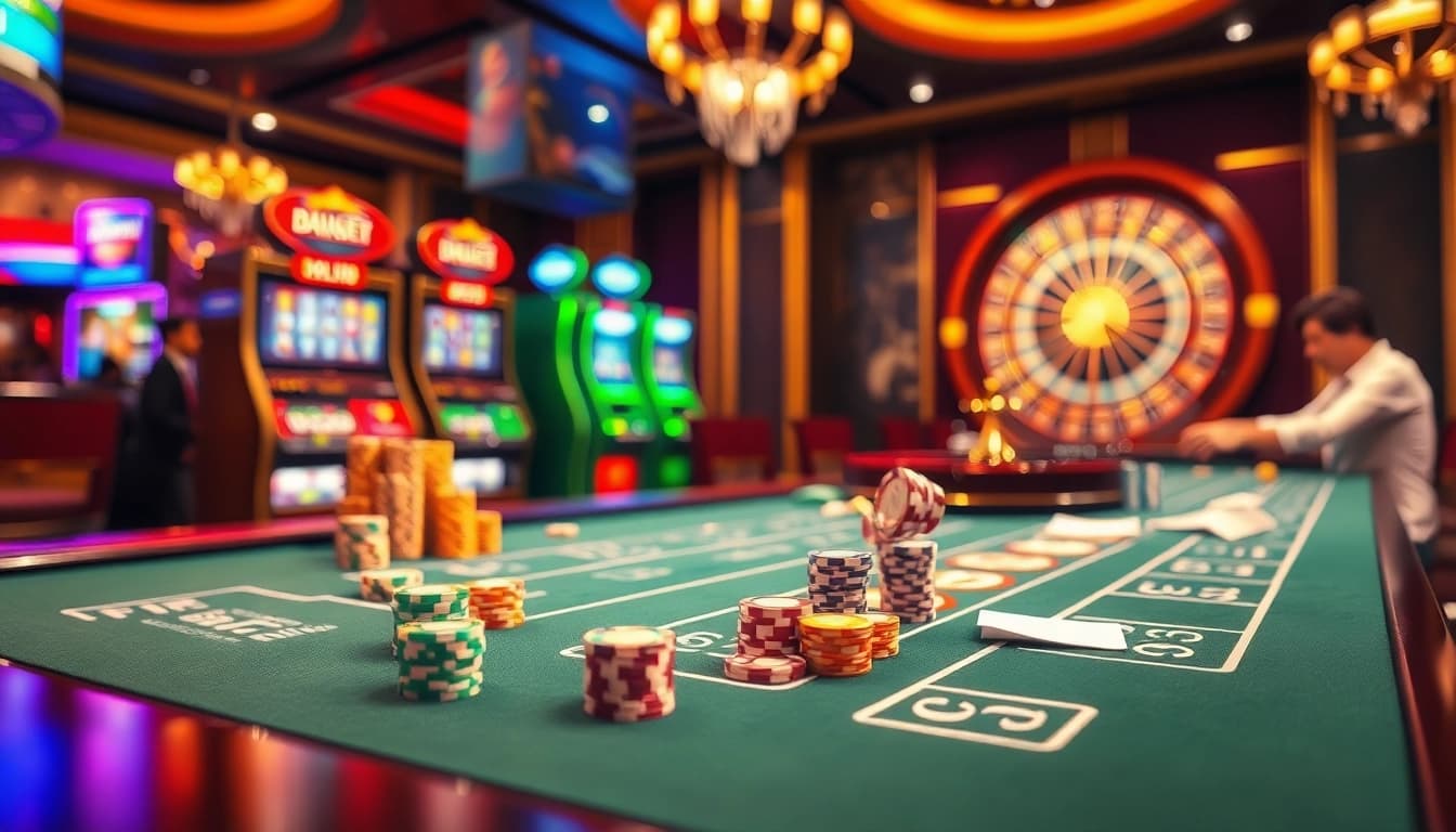 A dynamic casino scene showcasing Nhà Cái DEBET with poker chips and a roulette wheel for engaging online gambling experience.