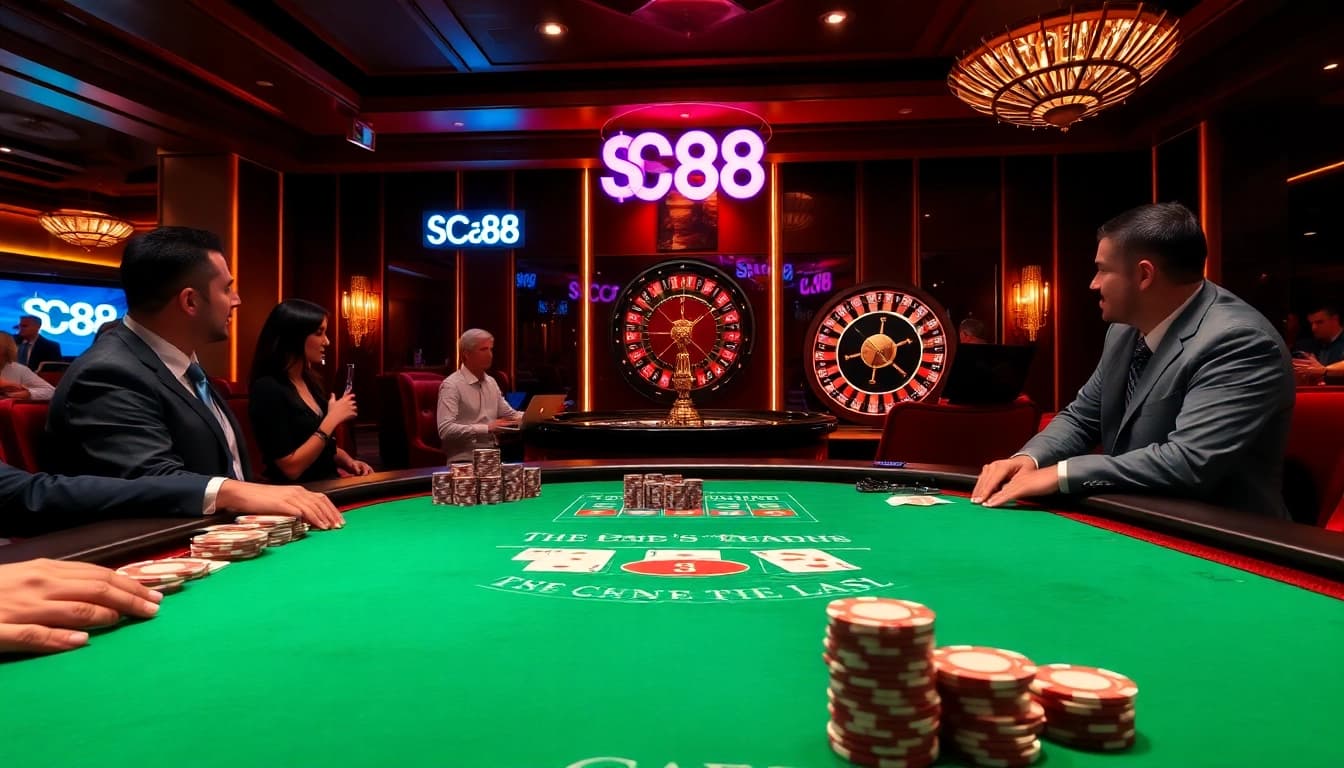 Experience intense gameplay at a luxurious casino table, SC88 chips stacking high in excitement.