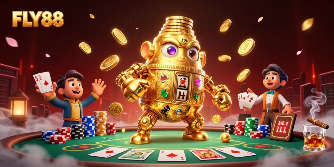 Experience exhilarating gaming with FLY88's golden golem at a vibrant poker table.