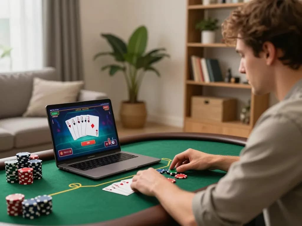 Engaged player experiencing online poker at https://ok365.best/ with vibrant graphics and comfortable modern setting.