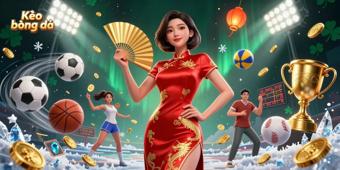 Kèo bóng đá brings excitement with a photorealistic Asian woman showcasing sports betting elements, vibrant colors, and dynamic action.