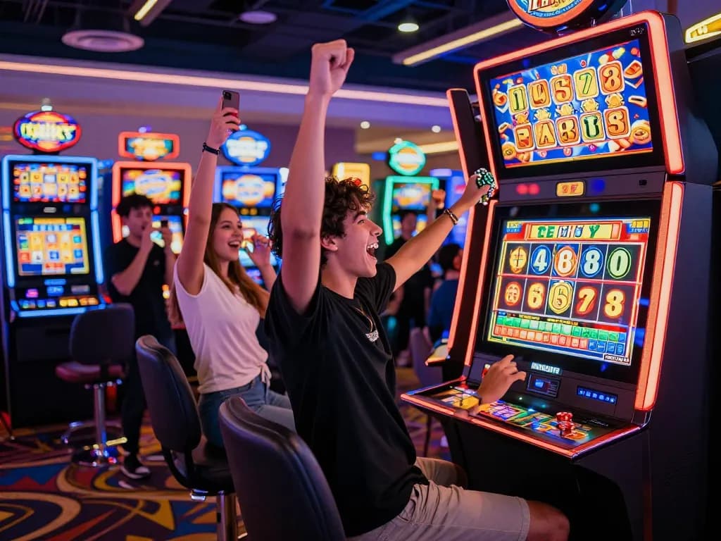 Player celebrating a win on the Lucky 88 slot machine in a vibrant casino.