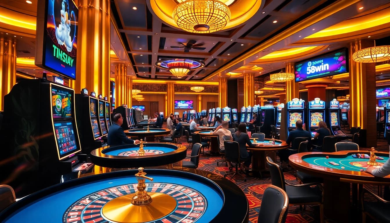 Experience the excitement of 58win with vibrant casino games, glowing chips, and thrilled players.