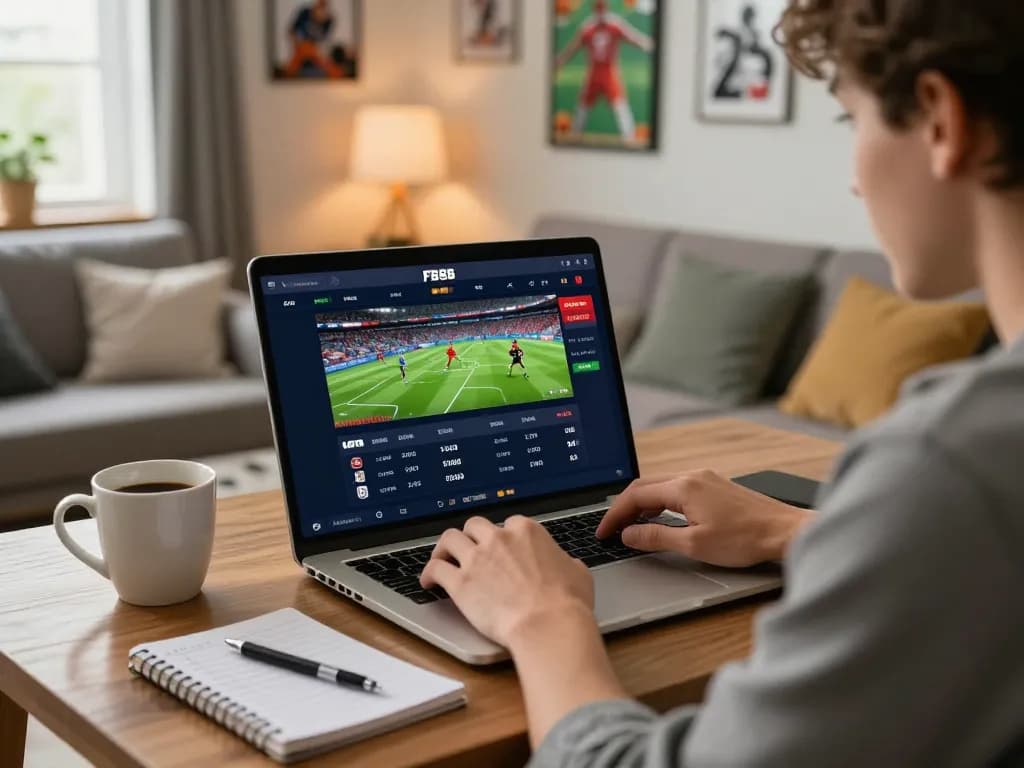Engaging in sports betting on FB88 platform with live odds display in cozy home setting