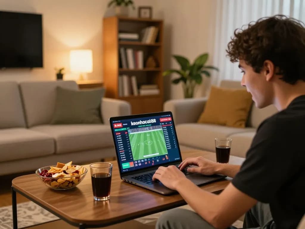 Person placing a sports bet at home using keonhacaii88 platform on laptop