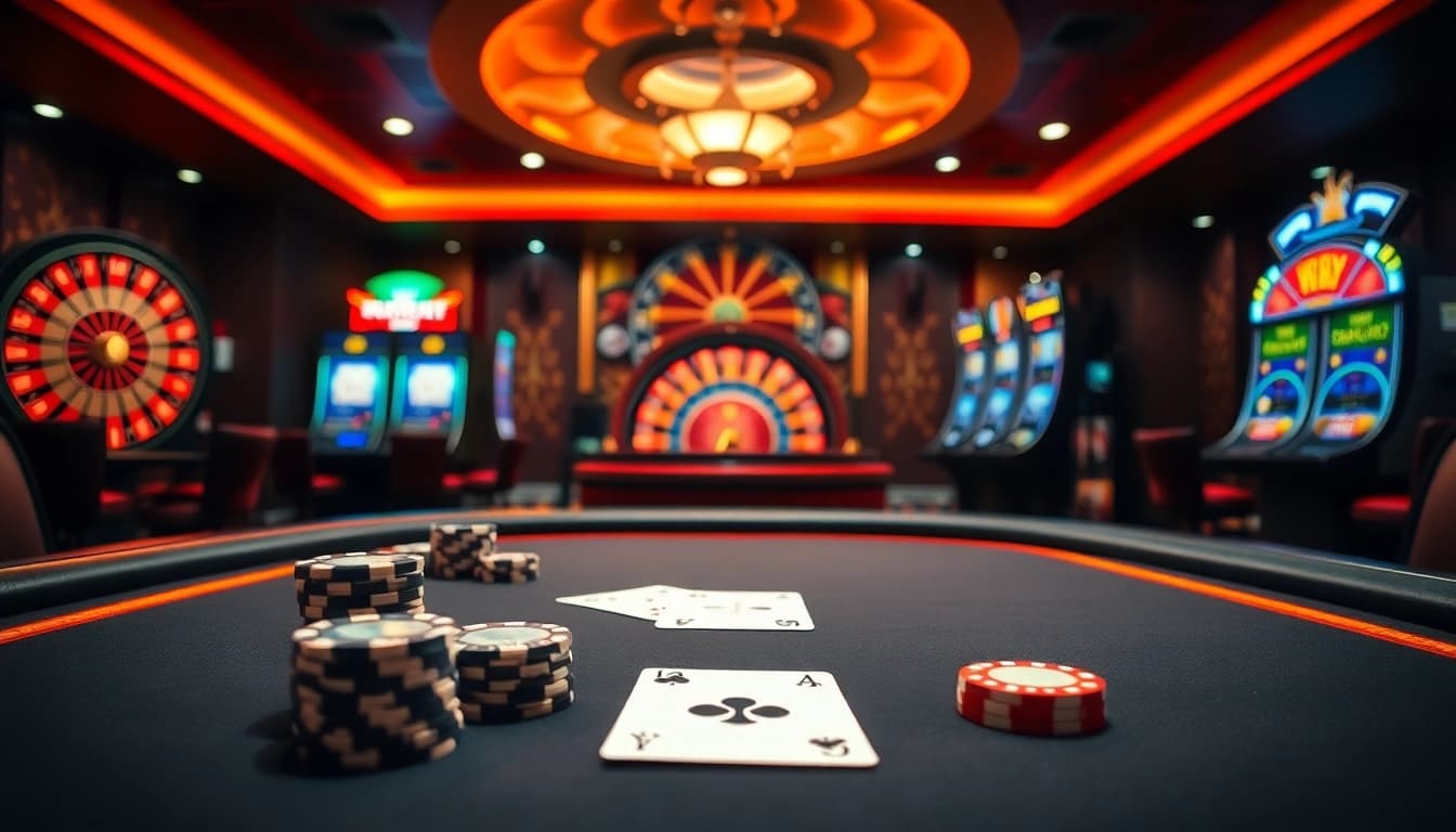 Experience the thrill of fun79 at a high-stakes poker table, surrounded by vibrant casino elements.