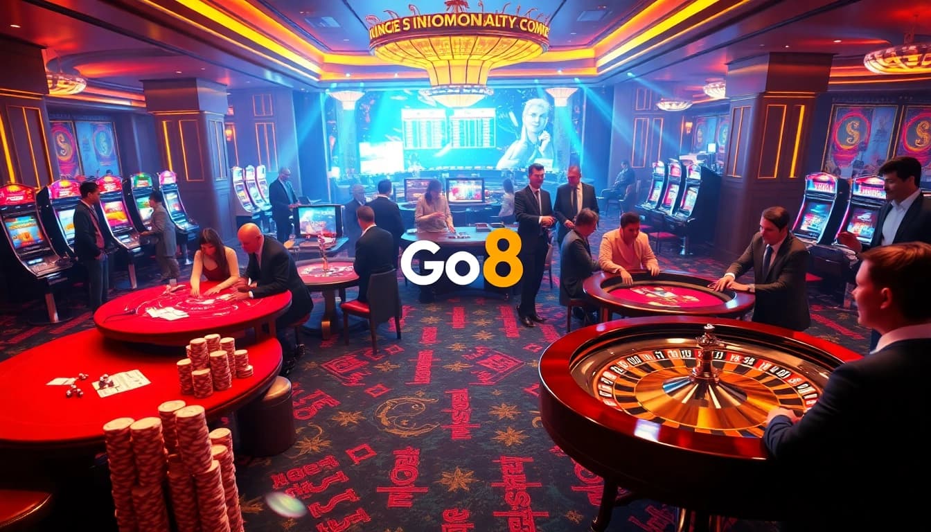Engage in thrilling gameplay at Go8's online casino, featuring vibrant tables and exciting slot machines.