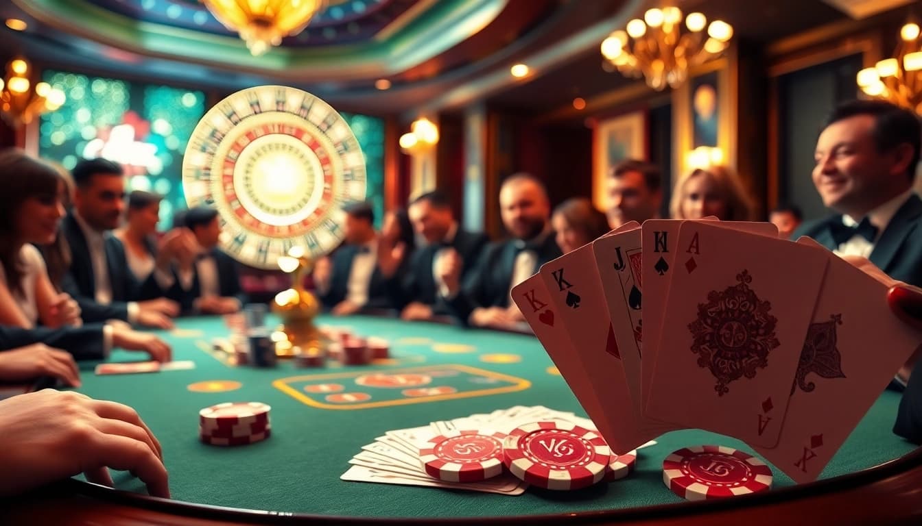 Exciting poker game at https://xx88.uk.com/ with vibrant chips and cards in a luxurious casino.