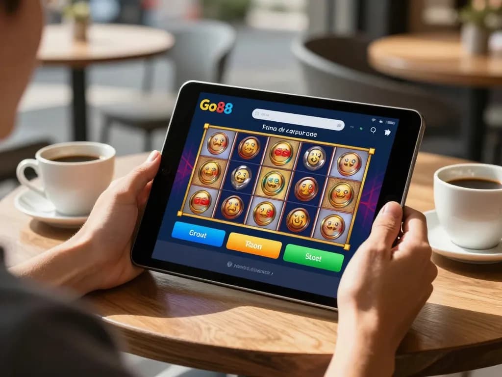 Player enjoying the Go88 game on a tablet while sipping coffee in a cozy outdoor café.