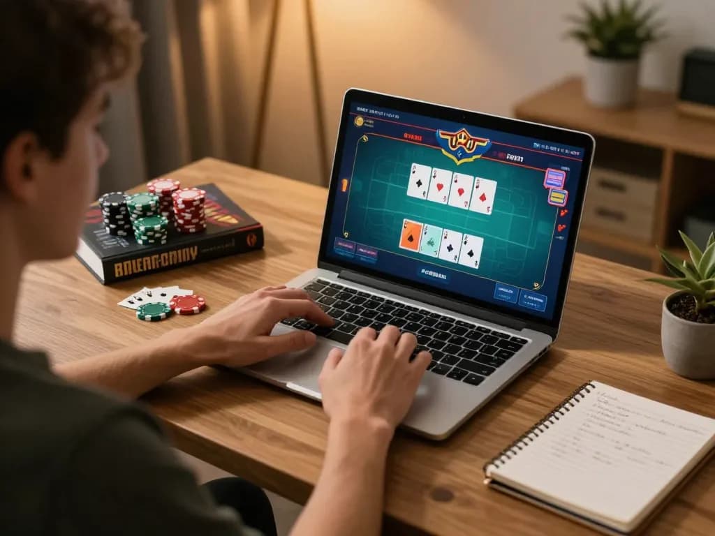 Engaging in strategic poker gameplay using sc88 at home with cozy ambiance and focused atmosphere.
