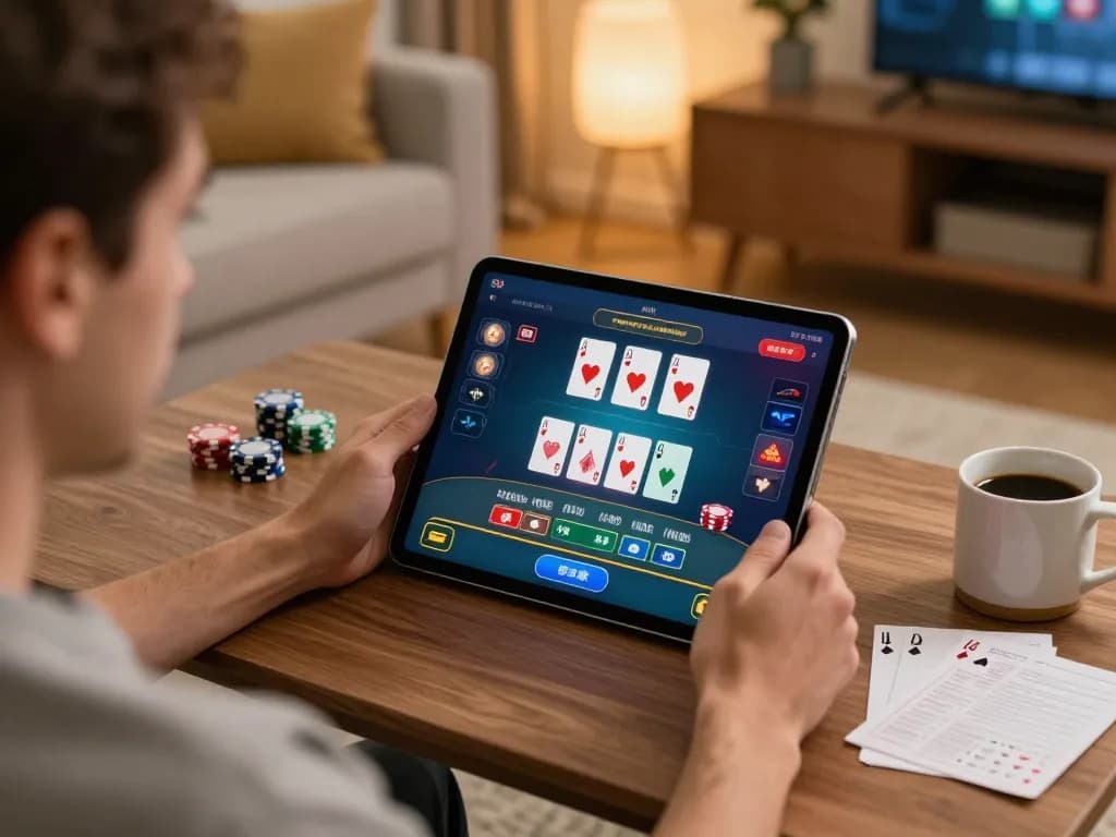 sin888 players enjoying live blackjack gaming on tablet at cozy home setting with strategic notes