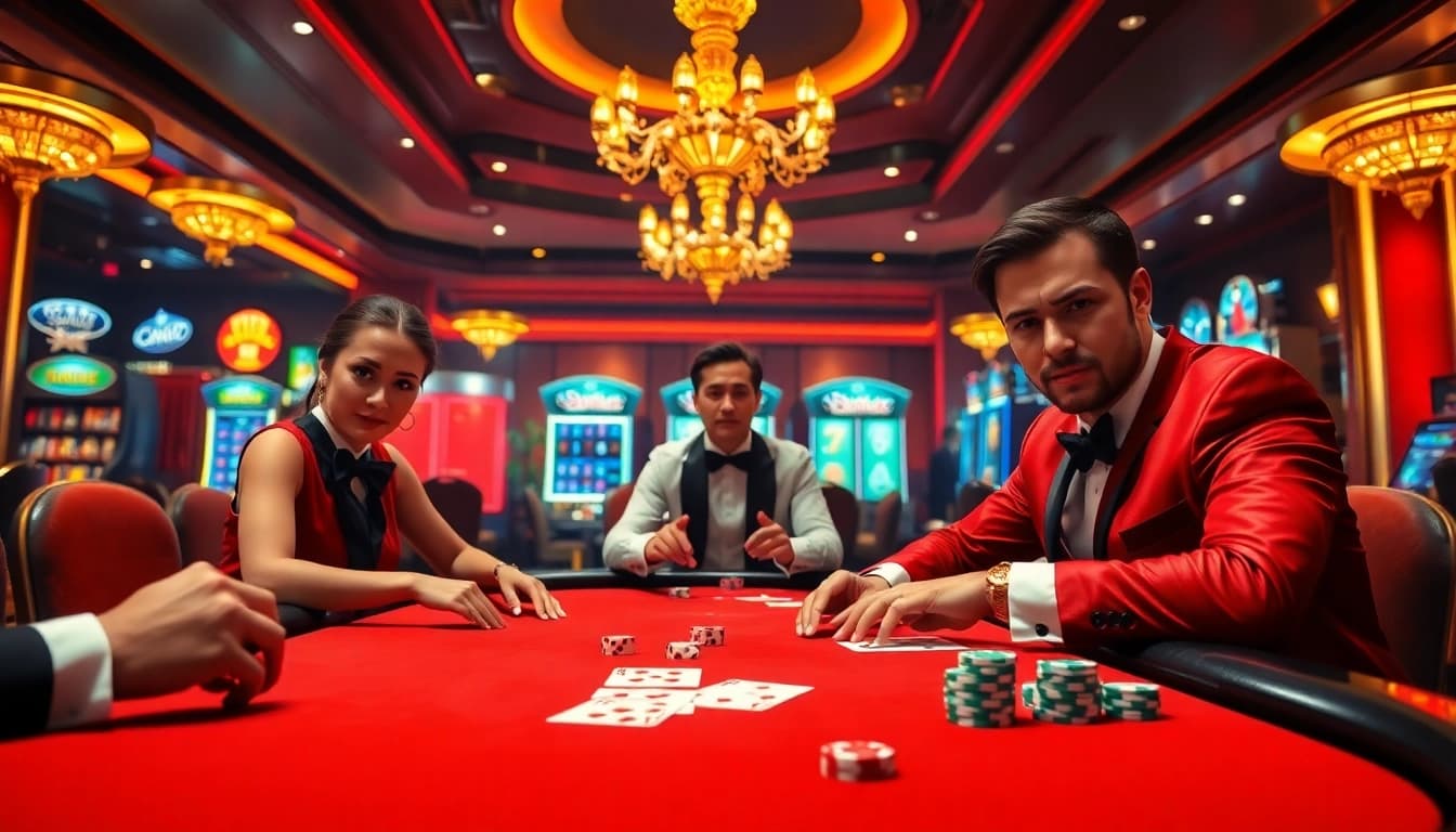 Sunwin players engaging at a high-stakes poker table in a luxurious casino environment.