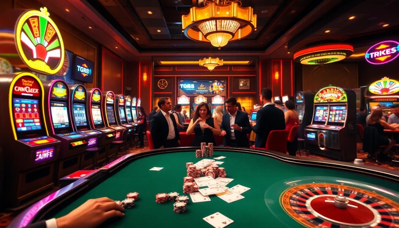 Enjoying thrilling games at https://tg88.cafe/ with vibrant roulette and poker tables filled with players.