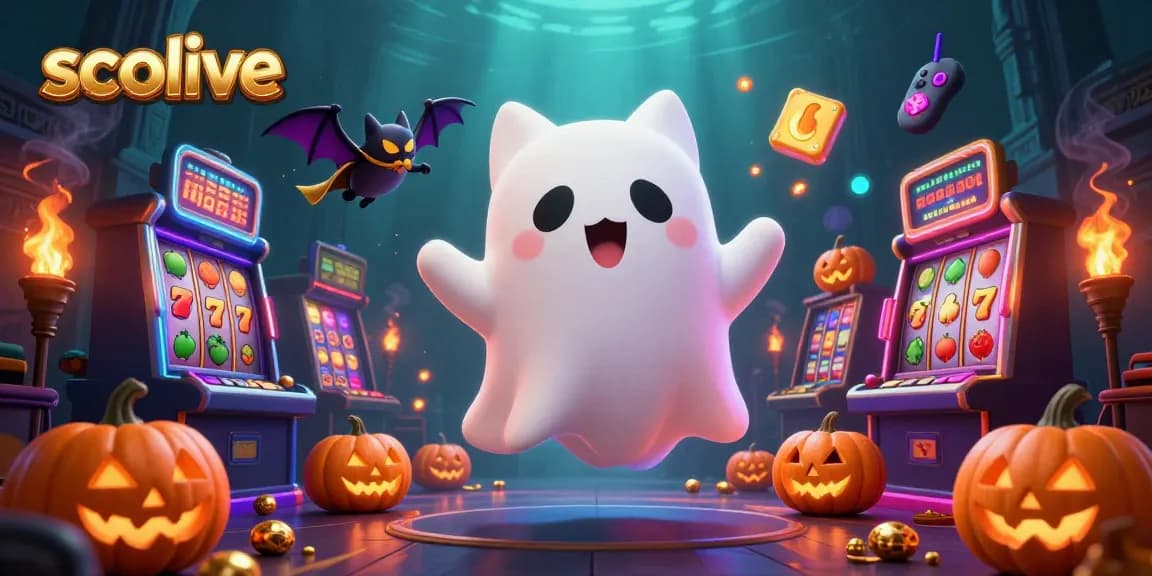 Socolive enhances gaming experience with a ghost cat and bat in a colorful haunted casino scene.