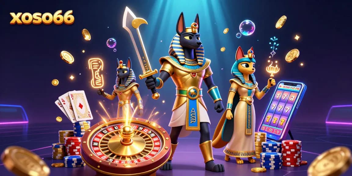 Spin the wheel at xoso66 with Anubis and Bastet showcasing a dazzling casino adventure.
