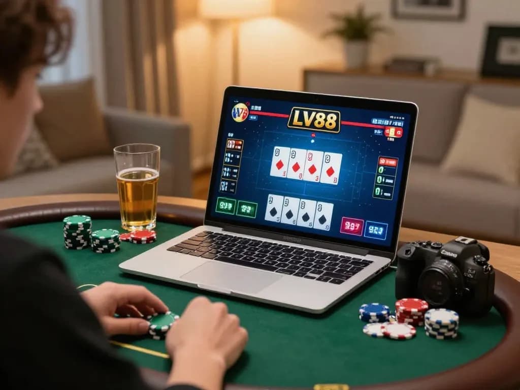 Person enjoying an online LV88 poker game in a cozy home office setting, showcasing strategic gameplay.