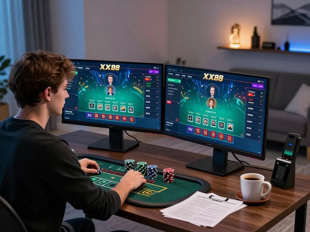 Experience the thrill of blackjack gameplay at XX88 with an elegant online gaming setup.