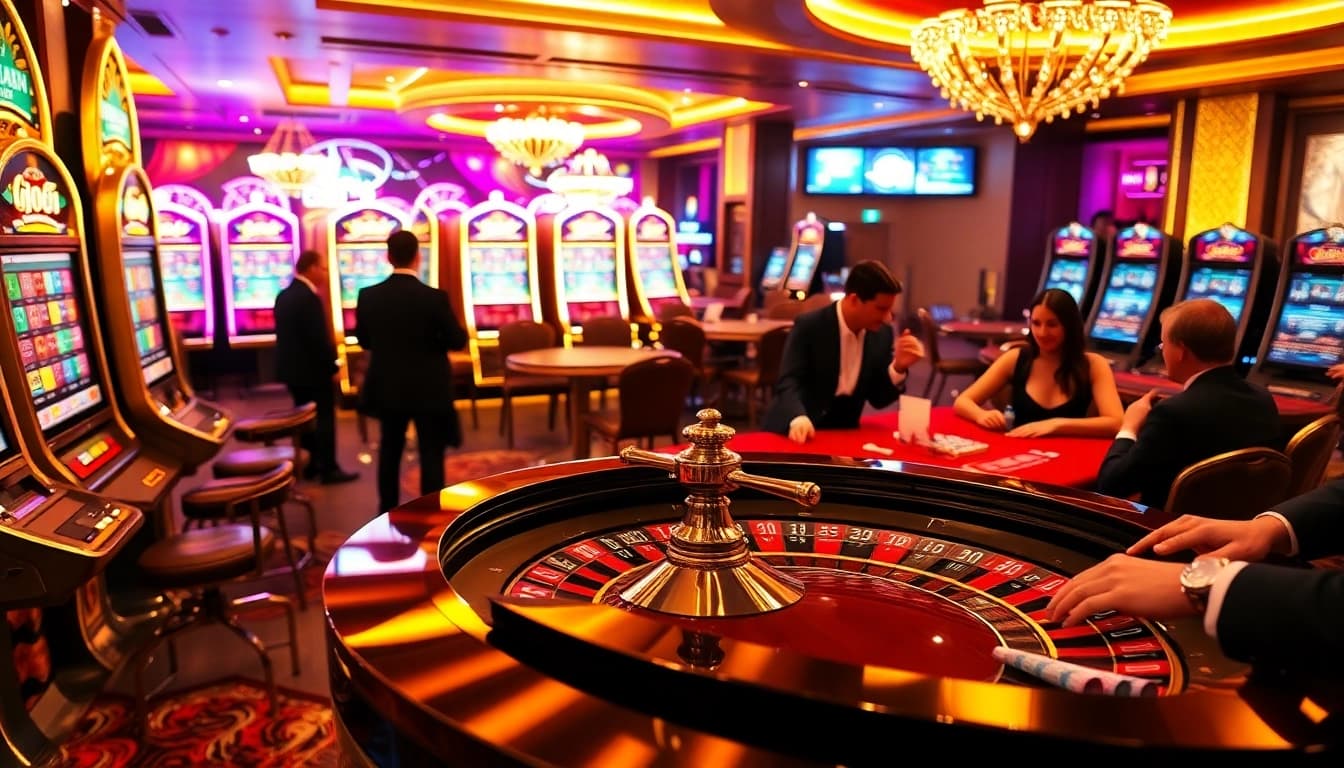 Experience J88’s thrilling casino environment with luxurious tables, vibrant slot machines, and excited players.