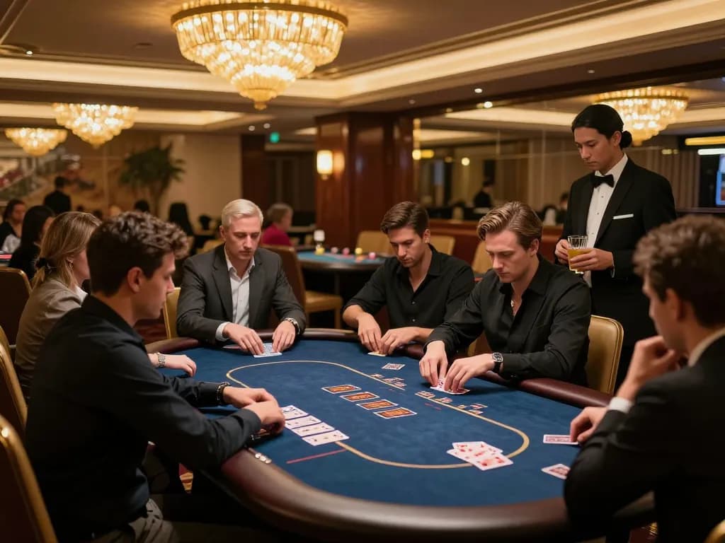 Players engaging in a high-stakes poker game at NK88's luxurious VIP gaming area